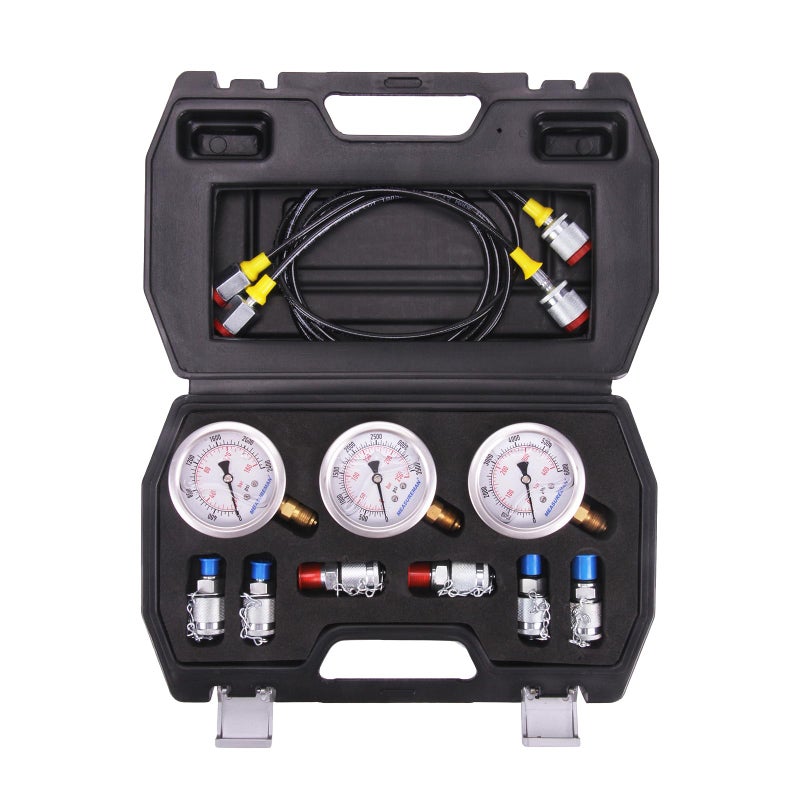 MEASUREMAN Portable Excavator Hydraulic Pressure Test Kit, Includes 3 Pressure Gauges (2400/3500/6000 PSI), 2 Hoses, 6 Test Couplings, for Construction Machinery Systems, Packed in Durable Case - Image 1